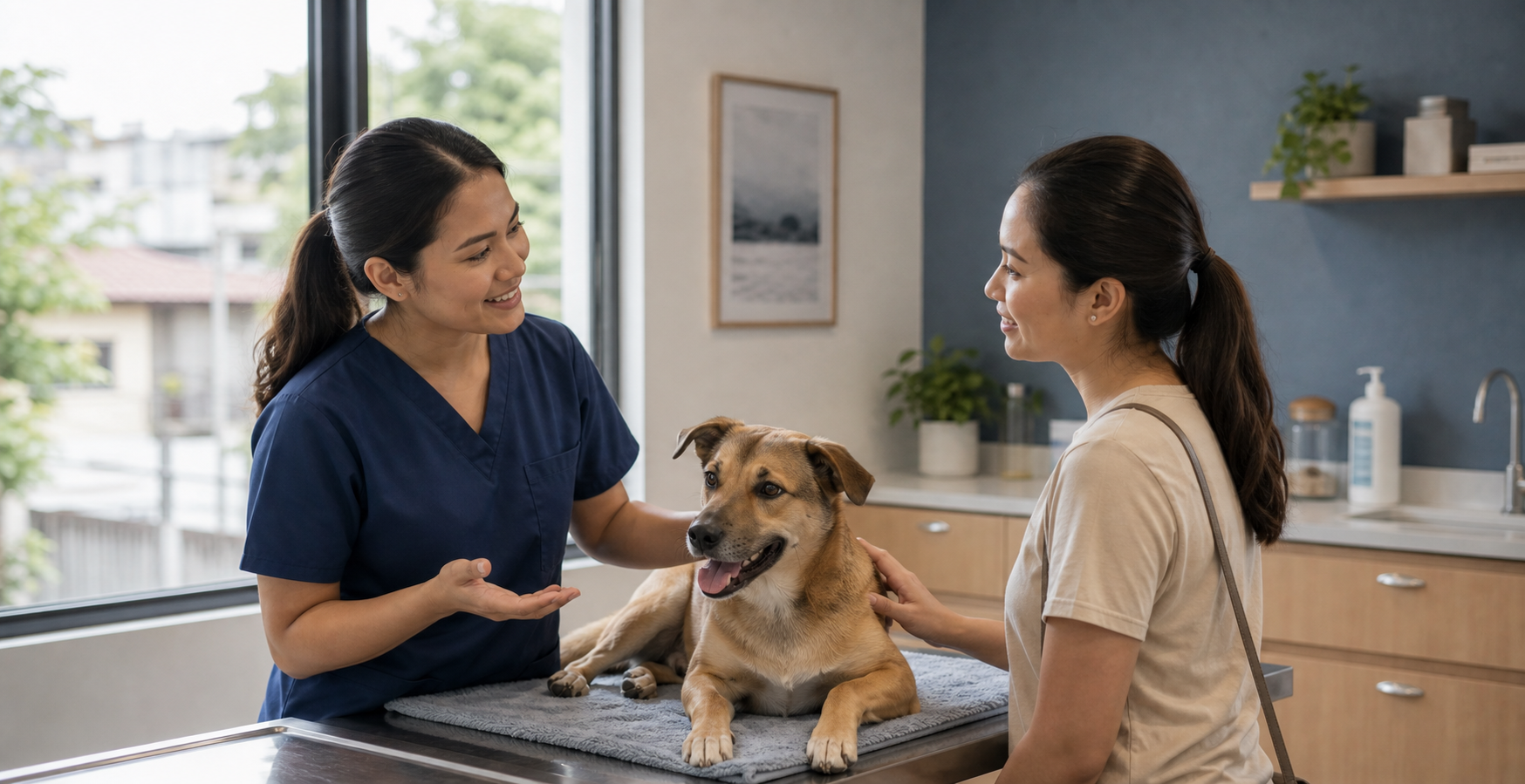 A Filipino veterinary professional speaking with a Filipino pet owner beside an aspin in a calm exam room.