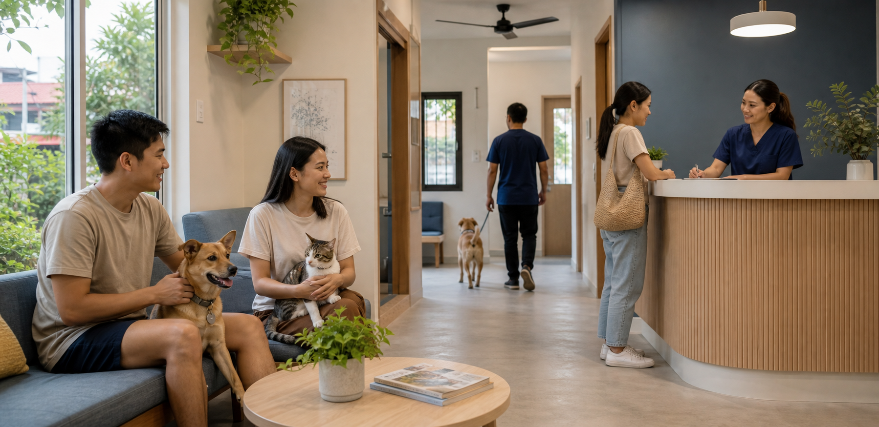 A calm neighborhood veterinary clinic scene in the Philippines with Filipino pet owners, a mixed-breed dog, and a cat.