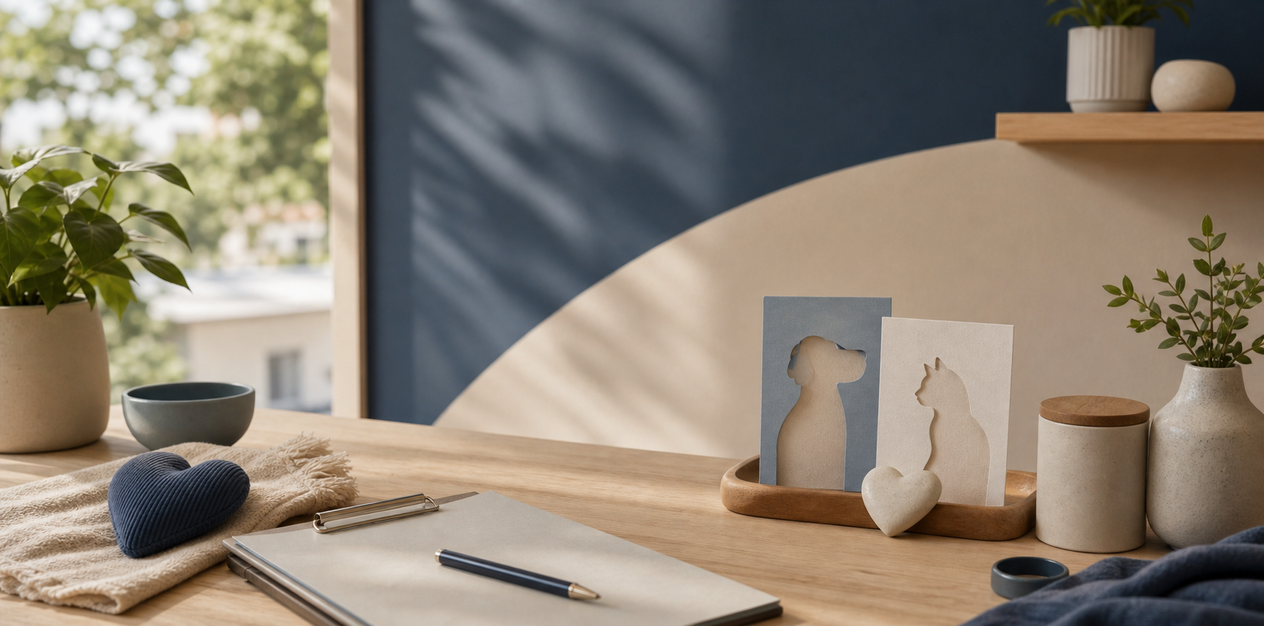 An abstract preventive care brand still life with warm materials, deep slate blue accents, and subtle pet silhouettes.